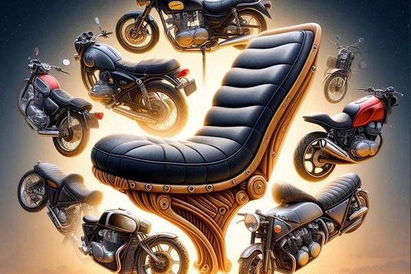 Kreative Bank aus einer Sammlung von Motorradsitzen, montiert auf Metallgestellen, die Auspuffrohren ähneln.