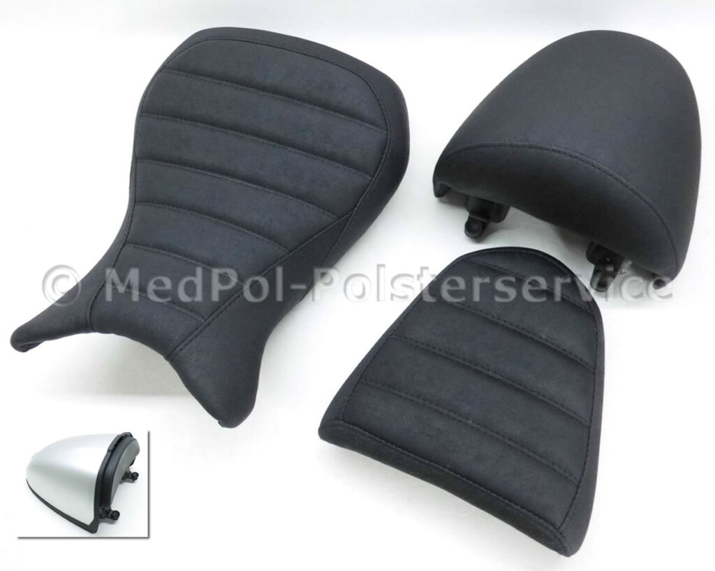 R nineT Fahrer/Sozius und Abdeckung gemäß Kundenwunsch komplett Neubezug in Nubuck, Quersteppung mit doppelter Ziernaht in Schwarz.