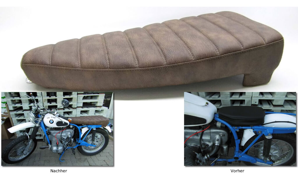 BMW Sitzbank gemäß Kundenwunsch komplett neu hergestellt incl. Blechzuschnitt in Form und Verlängerung. Neubezug mit Komfortpolsterung in Buffalo und Quersteppung, Ziernaht doppelt in Buffalo