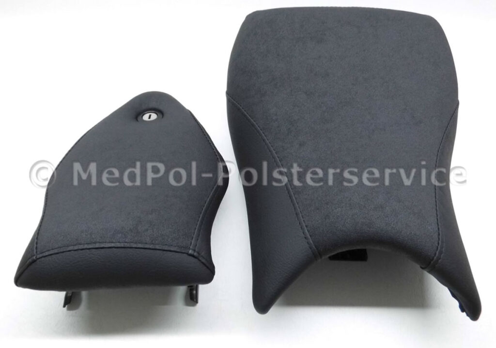 S 1000 R Kompletter Neubezug mit körperspezifischer Komfortpolsterung ⇒ Gel-Aktivmatte, Soziussitz mit Keil in der Soziusstirn versehen. Materialmix: Nubuck und Matt. Ziernaht in Schwarz