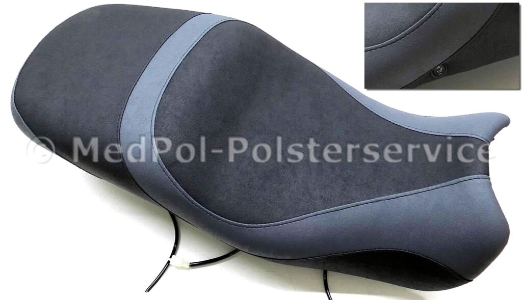 FR1200X Cross-Tourer Kompletter Neubezug mit körperspezifischer Komfortpolsterung/Gel- Aktivmatte, Fahrer um 1cm abgepolstert, Sozius um 6cm aufgepolstert, einsetzen von Heizmatten im Fahrer & Soziusbereich sowie 2-Stufenschalter recht und links integriert. Materialmix: Nubuck Schwarz und Nubuck Grau