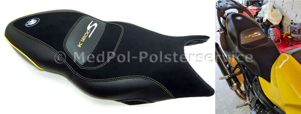 K 1200 S Sitzbank kompletter Neubezug in Alcantara-S/Carbon mit Stickerei Mehrfarbig, doppelte Ziernähte und Keder in Gelb.