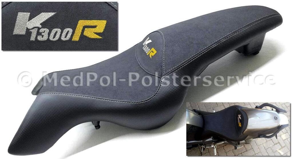K 1300 R Sitzbank gemäß Kundenwunsch im 24 Std. Service.... :-) Komplett Neubezug mit körperspezifischer Komfortpolsterung/Gel- Aktivmatte. Materialmix: Nubuck und Carbon. Ziernaht/Stick in Gelbgold/Dunkelgrau.