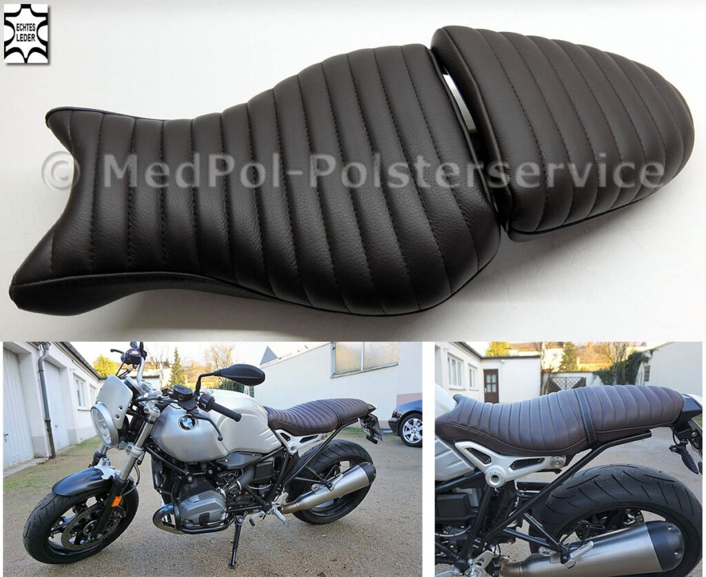 R nineT Fahrer & Soziussitz komplett Neubezug in Echtleder-Braun mit Komfortpolsterung/Gel-Aktivmatte, Quersteppung mit gleichfarbiger Ziernaht