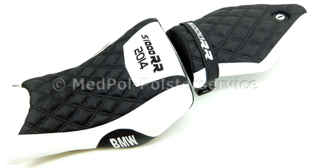 S 1000 RR Kompletter Neubezug in Nubuck und Classic-Weiß, doppelte Rautensteppung in Schwarz, Stickereien in Schwarz/Weiß