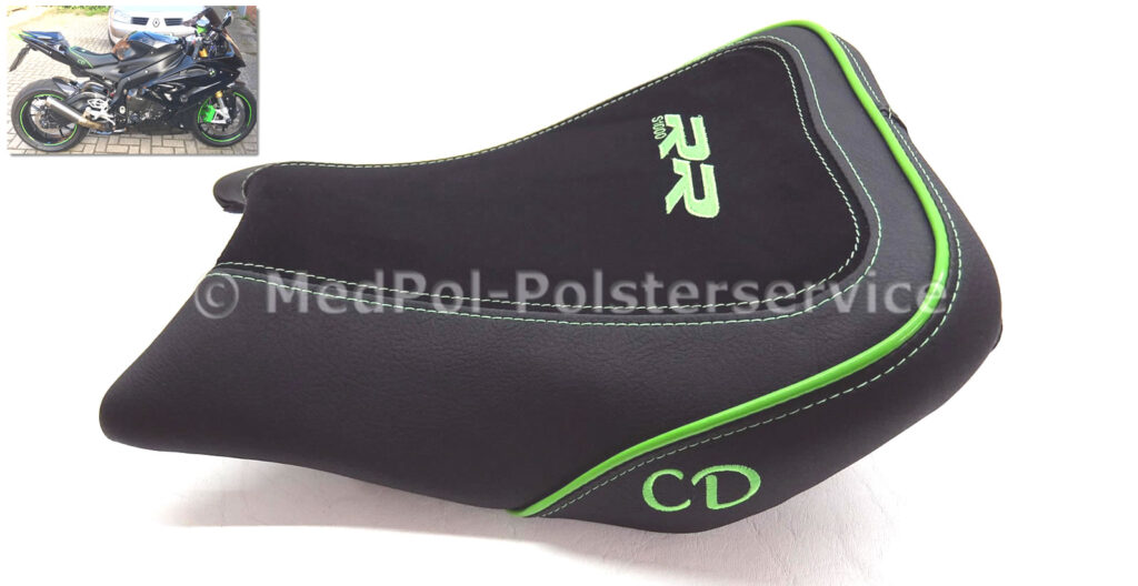 S1000RR Fahrersitz komplett Neubezug in Alcantara-S und Matt mit Komfortpolsterung incl. Gel-Aktivmatte, doppelte Ziernaht Grün, Keder in Lack-Grün