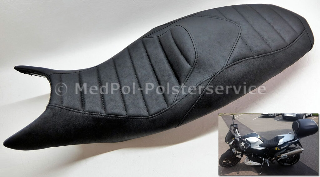 F 800 R Sitzbank komplett Neubezug in Nubuck, Quersteppung mit doppelter Ziernaht in Schwarz. Mit Komfortpolsterung/Gel-Aktivmatte