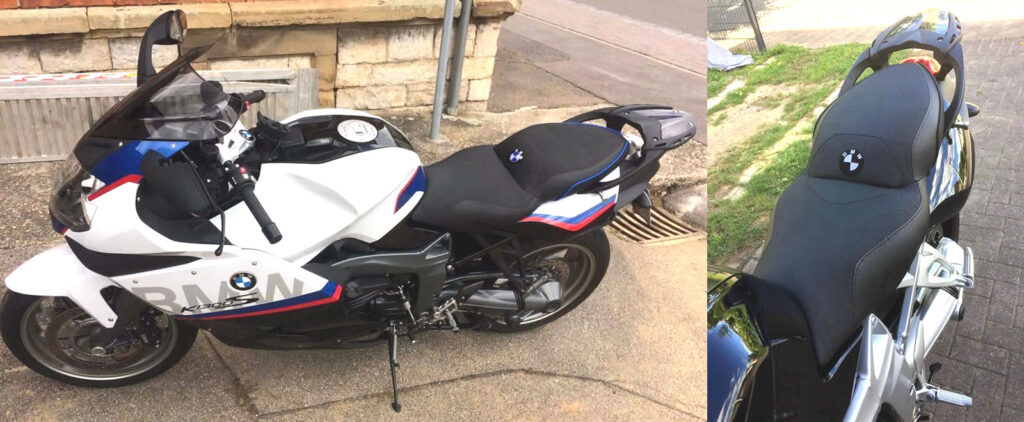 K 1300 S Sitzbank komplett Neubezug in Nubuck/Carbon mit Komfortpolsterung/Gel-Aktivmatte, Ziernaht Rot, Keder Blau, Stick mehrfarbig