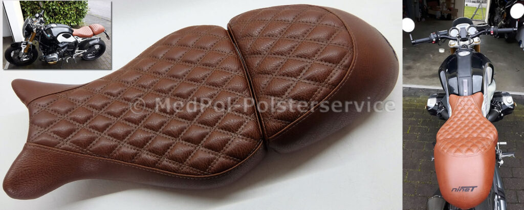 R nineT Fahrer & Soziussitz komplett Neubezug in Pavinto-(Vintage) mit Komfortpolsterung/Gel-Aktivmatte, Soziussitz komplett als Höckerumbau, Rautensteppung mit doppelter Ziernaht, Stickerei in Schwarz