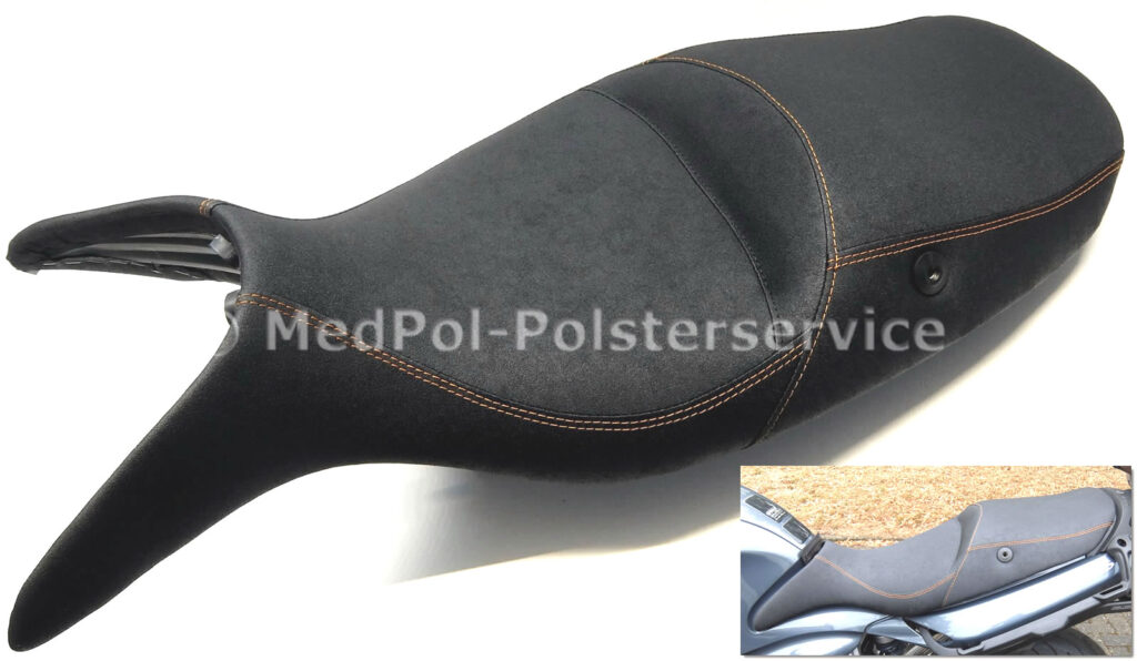 R 1100 S Sitzbank komplett Neubezug in Nubuck, doppelte Ziernähte in Orange. Körperspezifische Komfortpolsterung/Gel-Aktivmatte, Sitzbogen ausgefräst, Gesäßknochenvertiefung mittels Kernbohrung