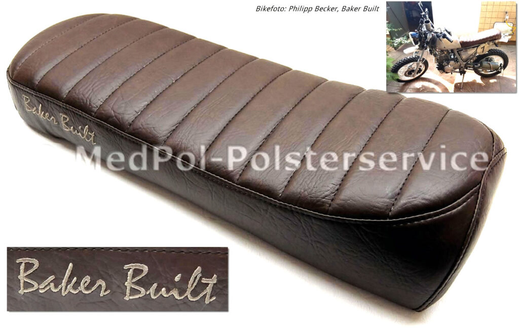 Scrambler Umbau Sitzbank Neubezug und Polsterung in Classic-Braun mit einer körperspezifischen Komfortpolsterung incl. Gel-Aktivmatte, kompletter Schaumaufbau auf mitgelieferter Grundplatte vom Kunden. Quersteppung incl. 1cm Polstereinzug, Stickerei