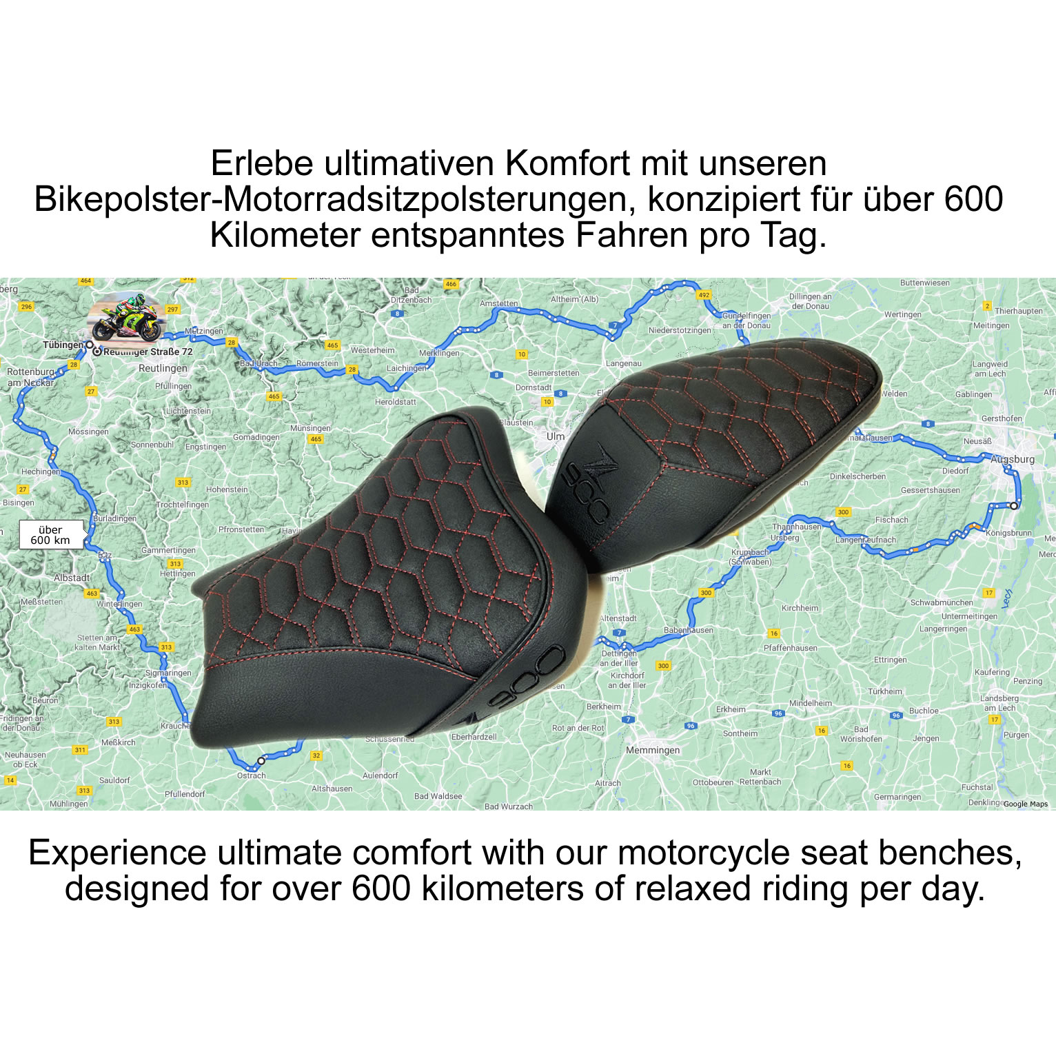Beispiel Landkarte für Fahren mit unseren Sitzbänken von über 600km